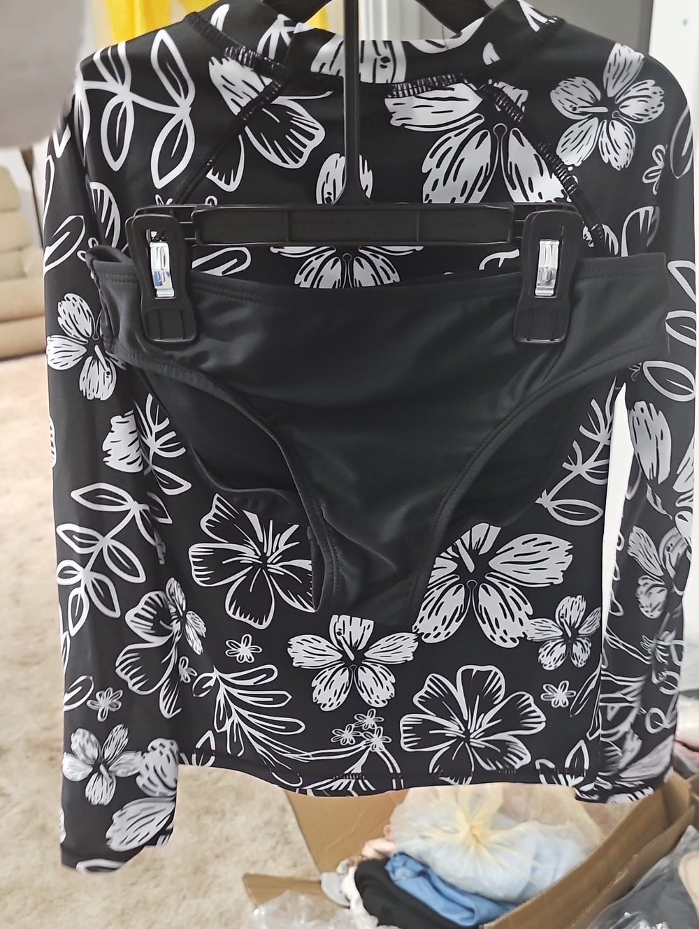 Women’s Black Floral Long-Sleeve Rash Guard Set with Black Bikini Bottom